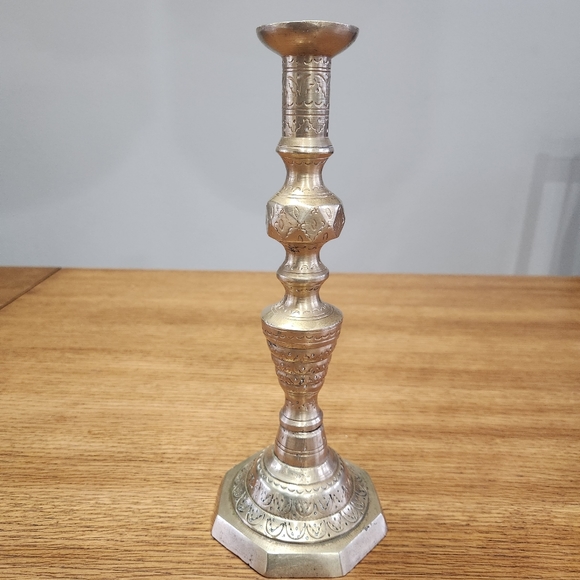 Antique Cast Brass Etched Candlestick Holder - Picture 5 of 11